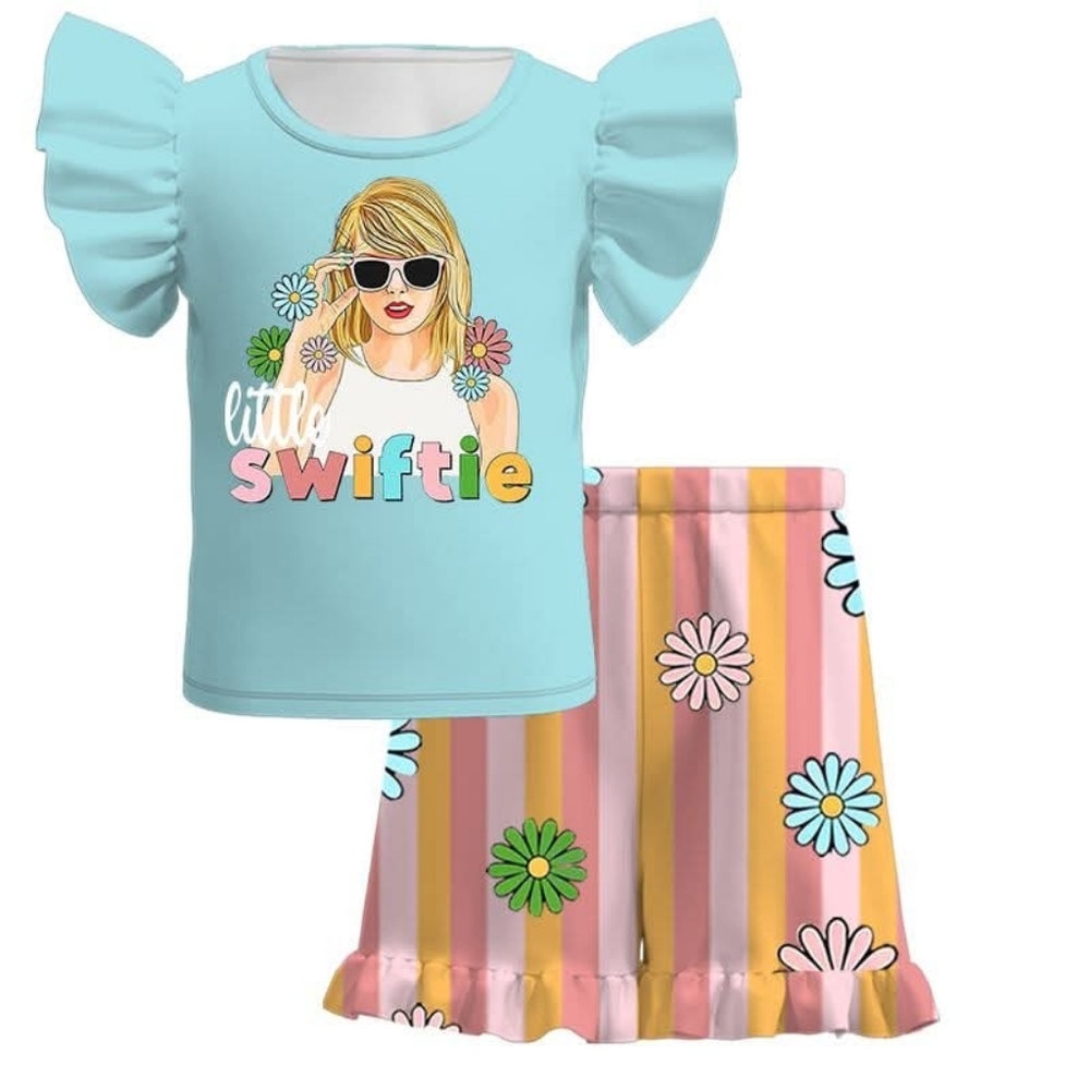 Little Swiftie Ruffle Sleeve Top and Striped Skirt Set